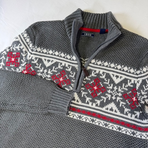 Izod Other - 1/4 Zip Fair Isle Snowflake Nordic Sweater Men's Size Small Gray Mock Neck Izod
